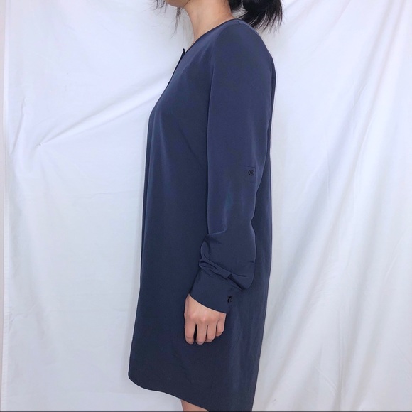 NWOT JACOB Collarless Blue/ Navy Satin Shirt Dress - Picture 3 of 6